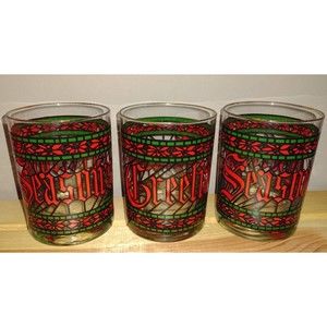 Houze Stained Glass Seasons Greetings Christmas Glasses Set of 3 Vintage Holiday